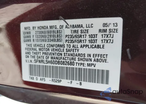 2013 Honda Odyssey Ex-L z USA, uszkodzony, nr VIN 5FNRL5H60DB082680